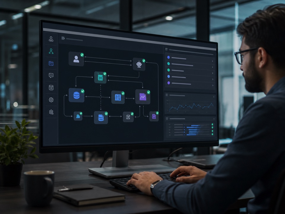 Workflow automation dashboard with connected process nodes