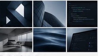 Technical visual language showing architecture, code, and interface references