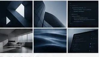 Technical visual language showing architecture, code, and interface references